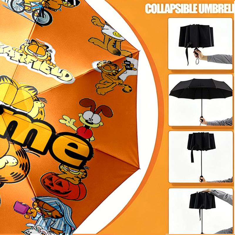 Custom Name Personalized Garfield Print Umbrella, Auto Open Close, 8‑Rib Sturdy Frame, Commute Camping Hiking Use, Birthday Gift