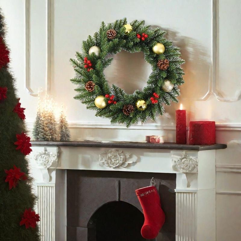 1 buc coroană de Crăciun de 30 cm pentru ușa din față, coroană de Crăciun artificială cu con de pin și fructe de pădure, coroană de Crăciun de chiparos natural