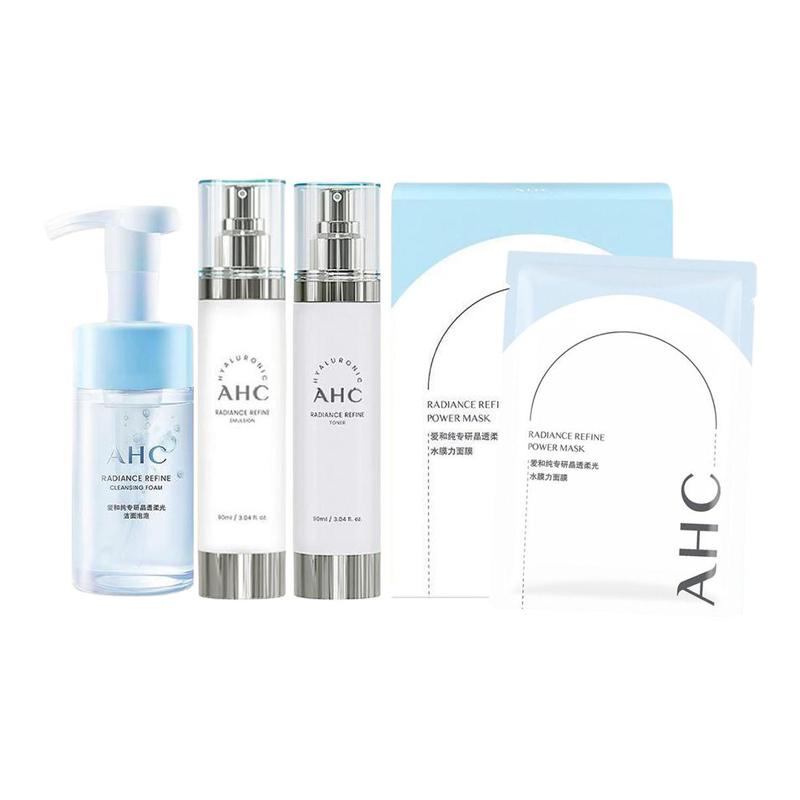 AHC Radiance Refine Full Skincare Set, 100ml Cleansing Foam +90ml Toner +90ml Emulsion +10pcs Hydrating Facial Mask Complete Skin Care Kit