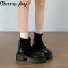 Vintage Platform Silná Podrážka Dámské Kotníkové Boty Design Zadní Zipy Boty Podzim Zima Štíhlé Zvýšení Výšky Krátké Boty