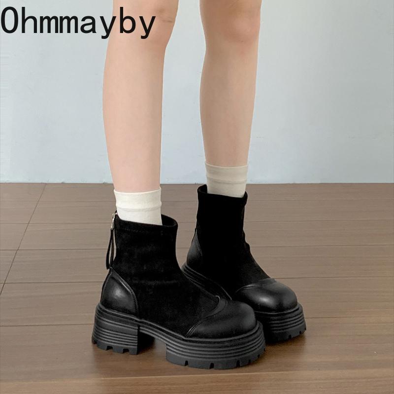 Vintage Platform Silná Podrážka Dámské Kotníkové Boty Design Zadní Zipy Boty Podzim Zima Štíhlé Zvýšení Výšky Krátké Boty