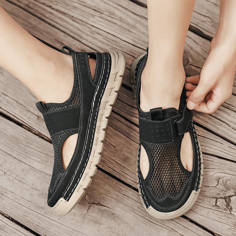 Fashion Senior Men Hand Sewn Thread Sandals Male Leather Mesh Stitching Summer Men Beach Sandals Fashion Outdoor Casual Sneakers Sandals