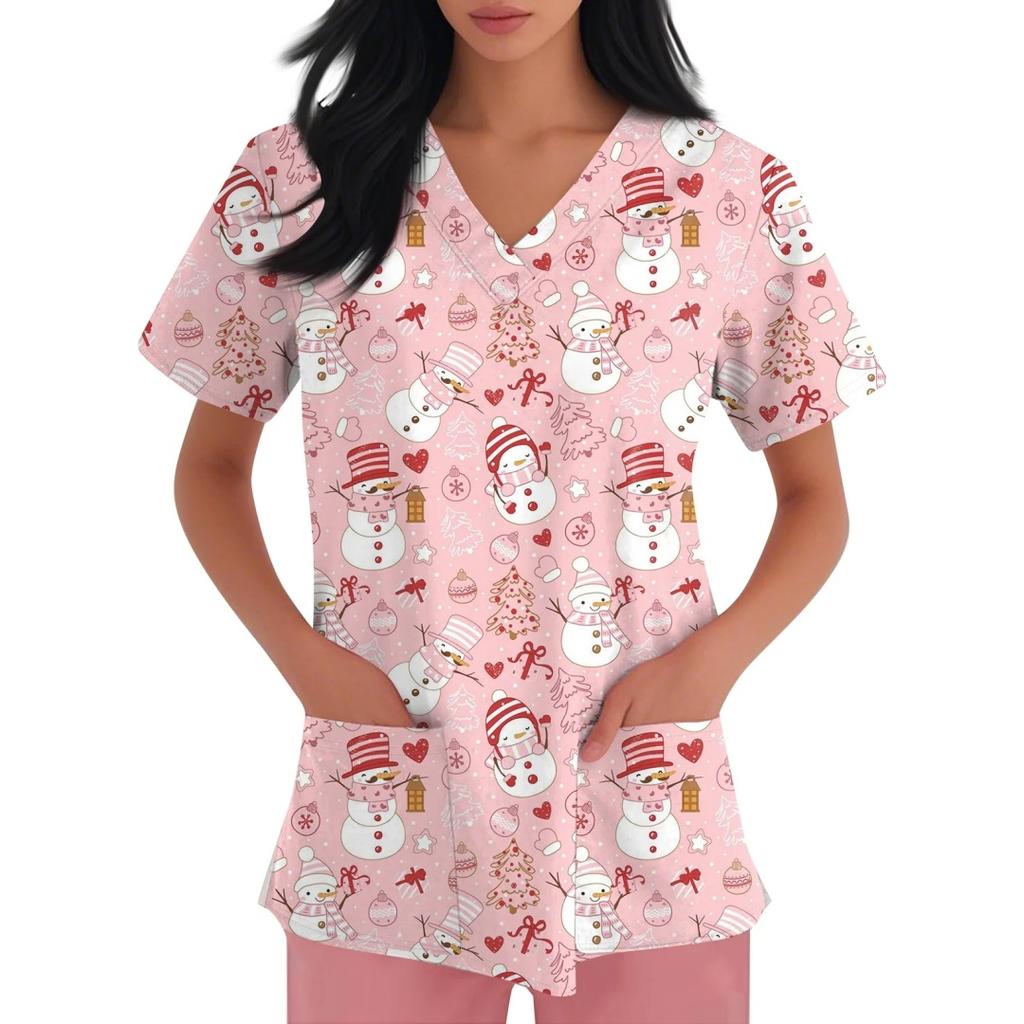 Clinical Uniform Women Gingerbread Santa Claus Print Christmas V-Neck Scrubs Women Fashion Short Sleeve Surgical Uniforms Top's