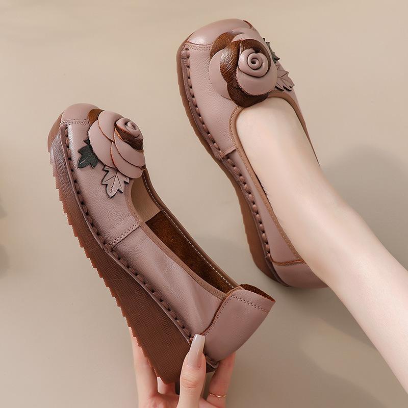 Nuove Scarpe in Vera Pelle di Mucca Donna Autunnali Décolleté con Zeppa Floreale Donna Scarpe Comode Signora Vintage Ballerine Slip-on