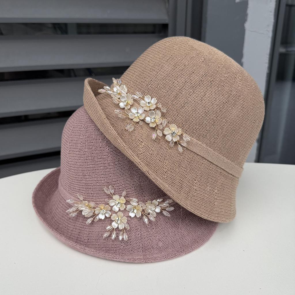 Spring and summer British retro elegant bucket hat fashion sunscreen sun hat women's dome crimped knitted breathable basin hat
