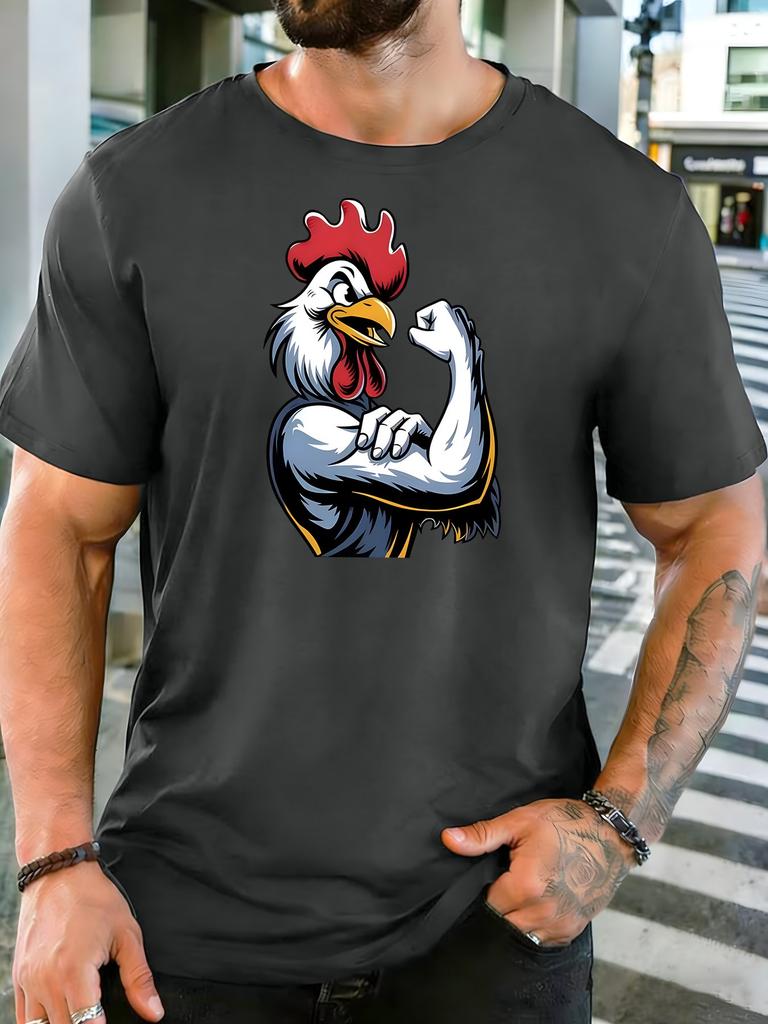 Unisex Strong Muscular Rooster Graphic Cotton Short Sleeve Tee Crew Neck Soft Male Summer Fitness Breathable Casual Street Top