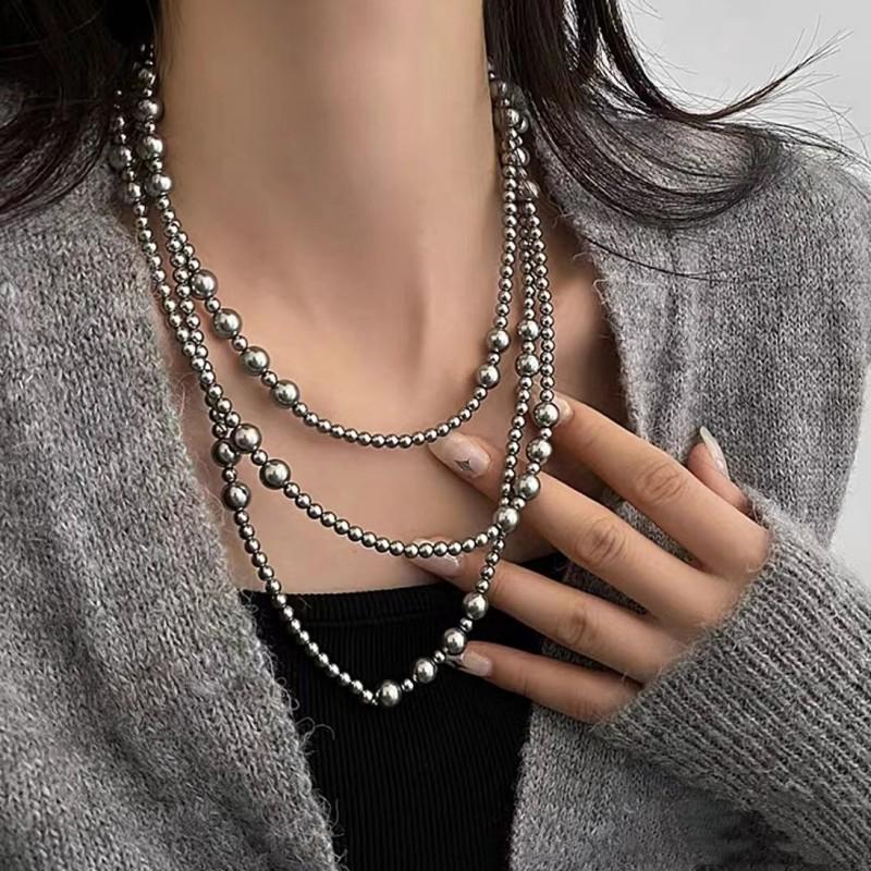 Długi, wielowarstwowy naszyjnik z szarych pereł w stylu retro, damski, lekki i luksusowy, z łańcuszkiem na obojczyk i łańcuszkiem na szyję