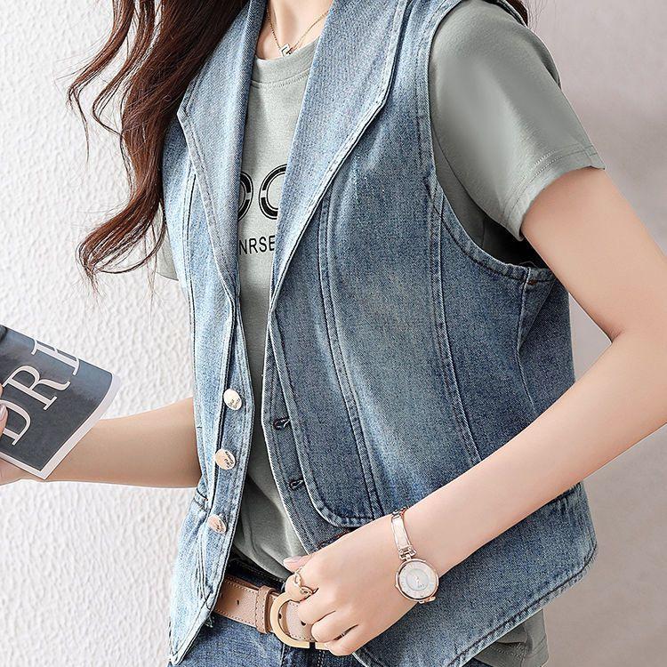 Vintage Denim Vest Women's Korean Fashionable Sleeveless Lapel Vest Casual Jacket