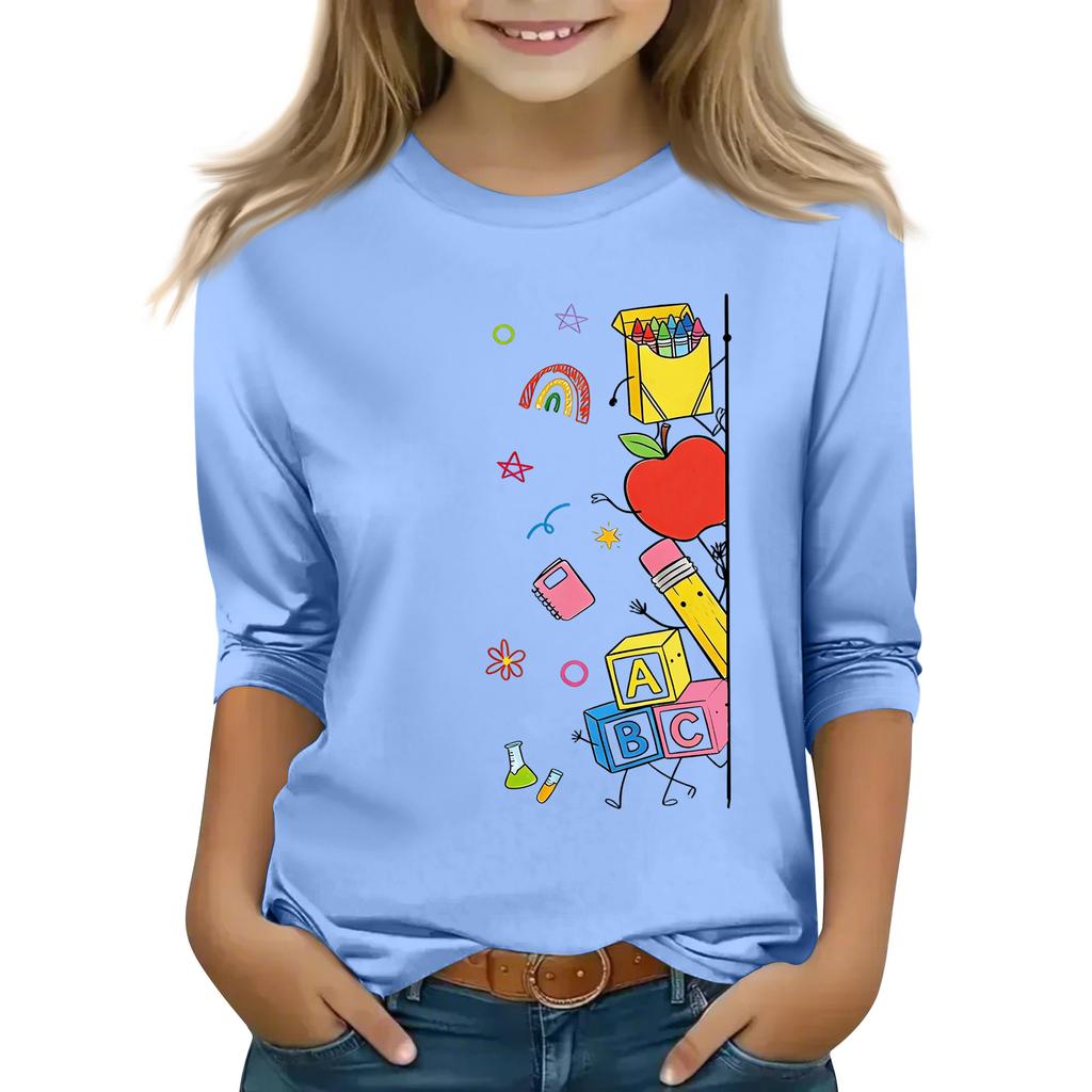 Kids Printed Three-Quarter Sleeve Round Neck Top for Back to School Casual Wear