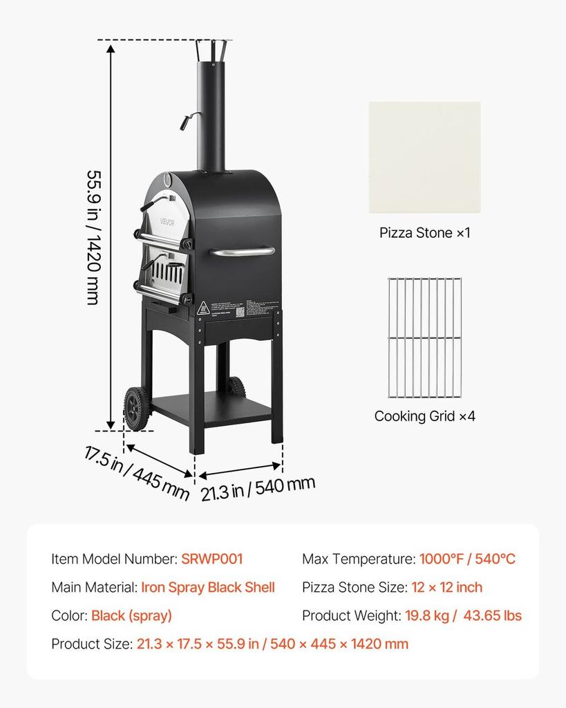 Forno per Pizza da Esterno, Forni a Pellet da 12", Forno per Pizza a 2 Strati a Legna, Forno per Pizza da Esterno a Legna con 2 Ruote Rimovibili, Massimo 1000