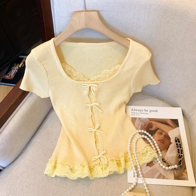Real Lace Fake Two-piece Short-sleeved Shirt Women's Summer Design Sense Bow Hollow Slim-fitting Short Top