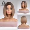 Short Straight Bob Synthetic Wigs with Bangs for Women Brown To Blonde Wig Cosplay Party Daily Heat Resistant Fiber Hair