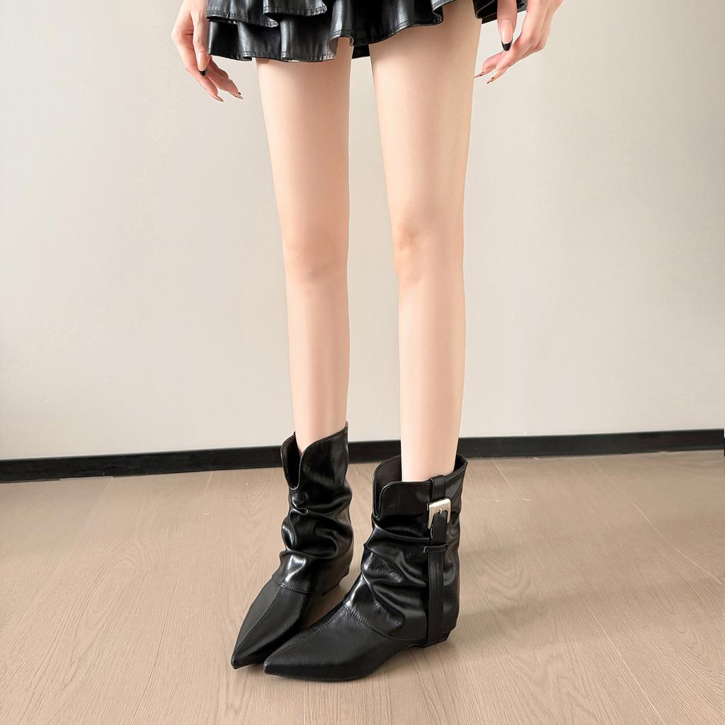 Retro Versatile Pointed Short Boots Women's New Belt Buckle Pleated Piled Boots Thick Heel Temperament Spice Girl Style Trouser Tube Boots