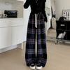 Autumn Winter Loose Casual Velvet Elastic Waist Plaid Printing Wide Leg Pants Women All-match Straight Trousers