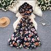 French light and mature style retro printing lapel dress women's summer waist high-end feeling thin and big pendulum temperament long dress