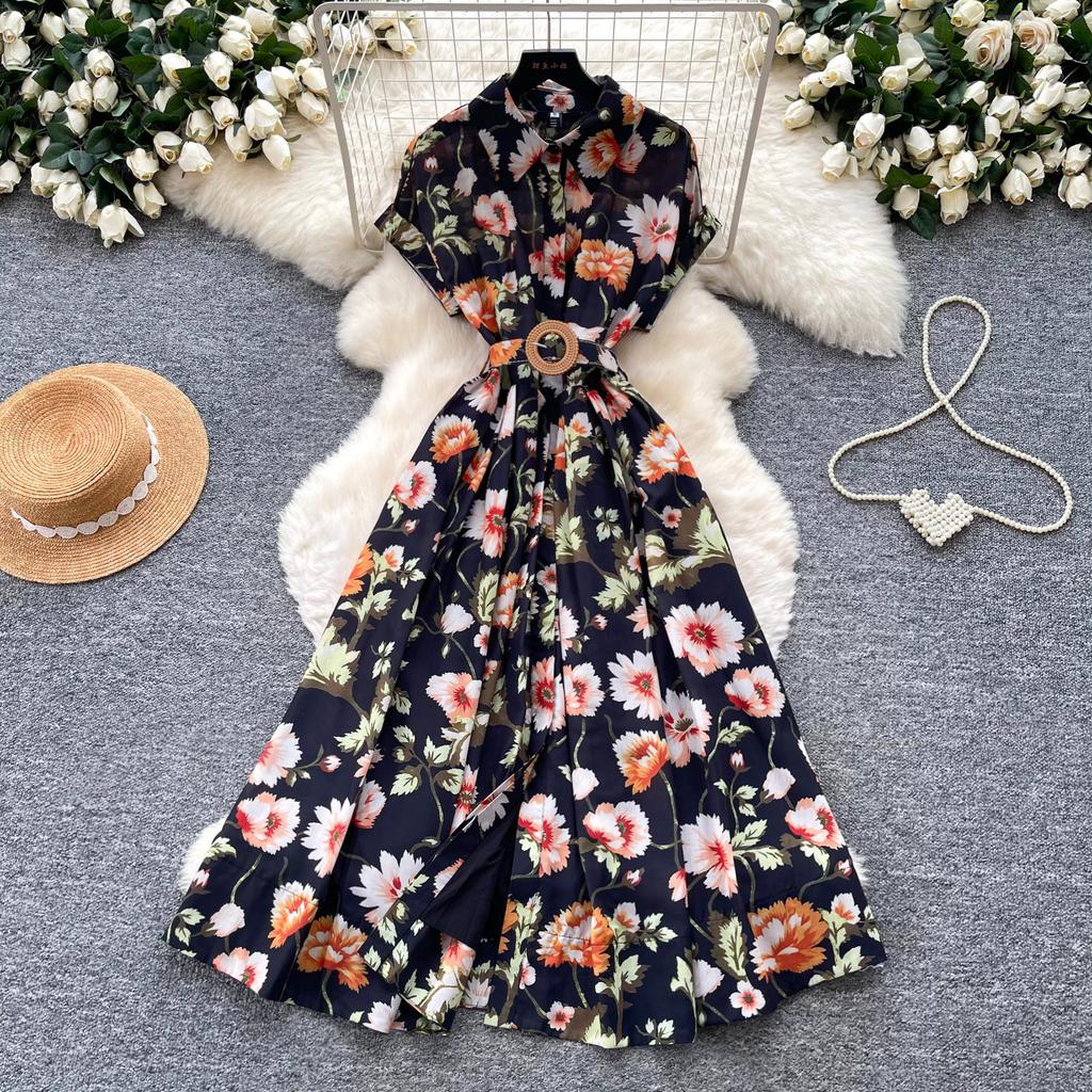 French light and mature style retro printing lapel dress women's summer waist high-end feeling thin and big pendulum temperament long dress