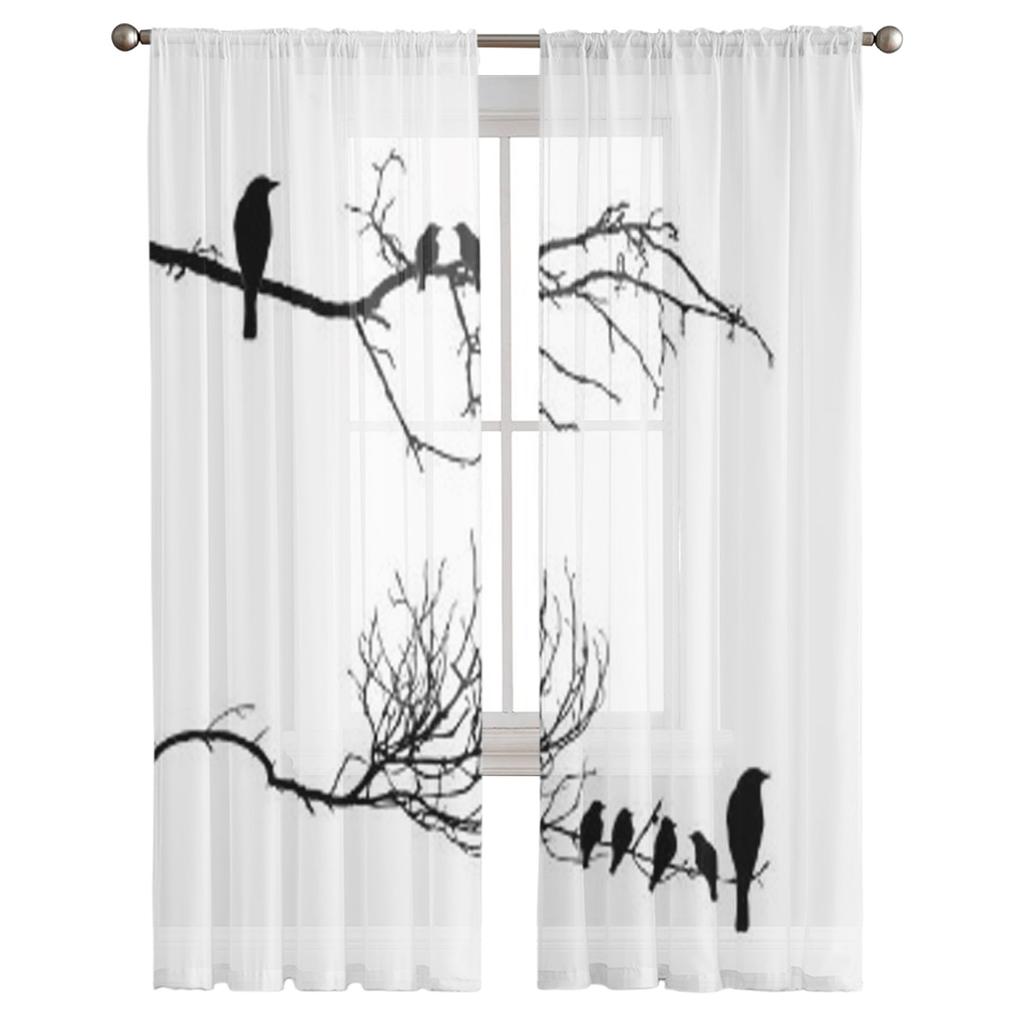 Silhouette der Vögel auf dem Zweig, Chiffon-Vorhänge für Wohnzimmer, Schlafzimmer, Dekoration, Fenster, Voiles, Tüllvorhang