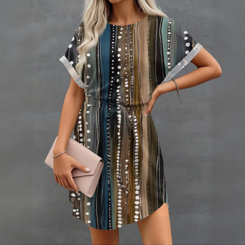 Womens Summer Short Dresses O Neck Casual Batwing-Short Sleeve Belted Dress For Women