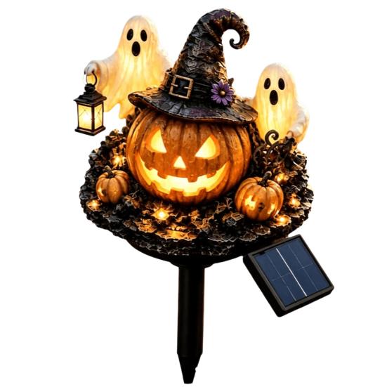 Illuminated Wizard Hat Pumpkin Solar Halloween Garden Stake Light, Waterproof LED Yard Decoration with Party And Ghost, Outdoor Walkway Patio