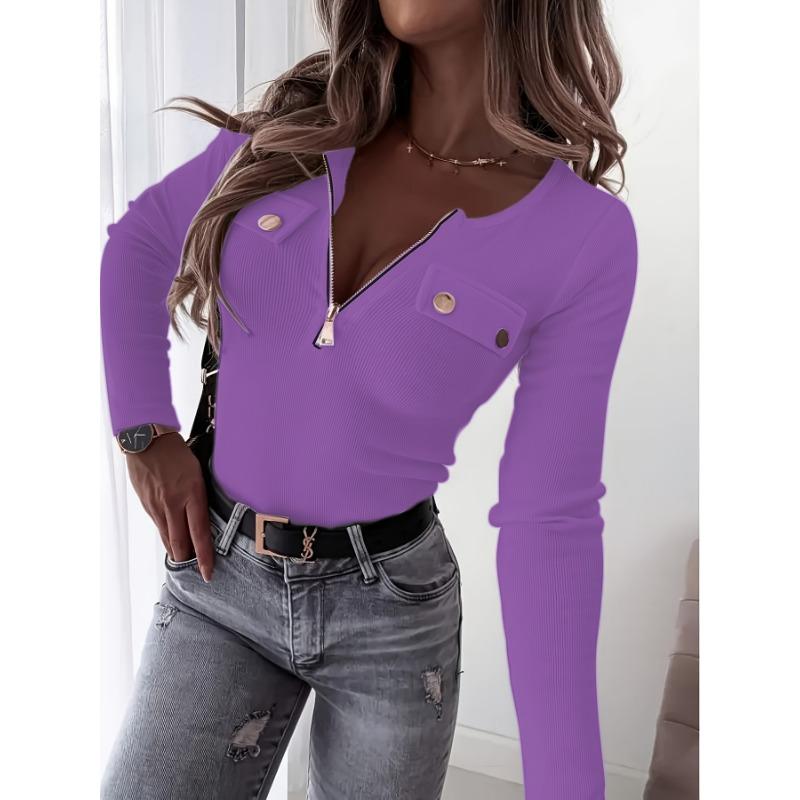 

Жіноча осінньо-зимова вулична модна трикотажна тонка футболка з довгим рукавом і блискавкою XXL фіолетовий