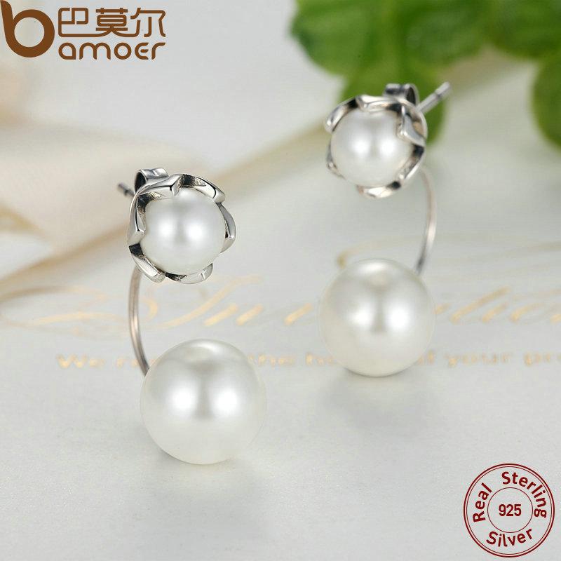 BAMOER New 100% Authentic 925 Silver Simulated Pearls Jewelry Special Style Female Drop Earrings SCE002