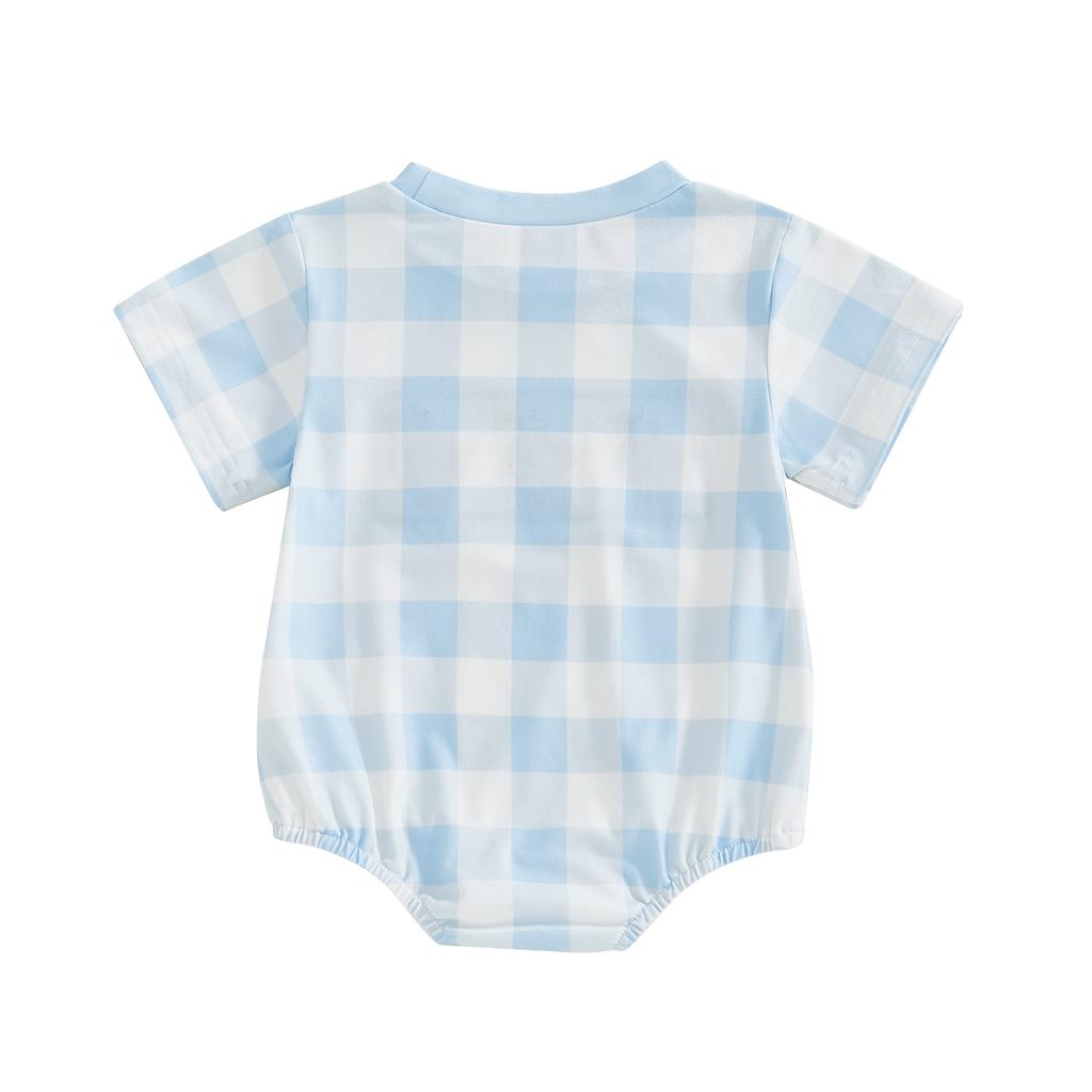 Baby Boys Girls Rompers Short Sleeve Round Neck Duck Embroidery Checkered Print Bodysuit Playsuit
