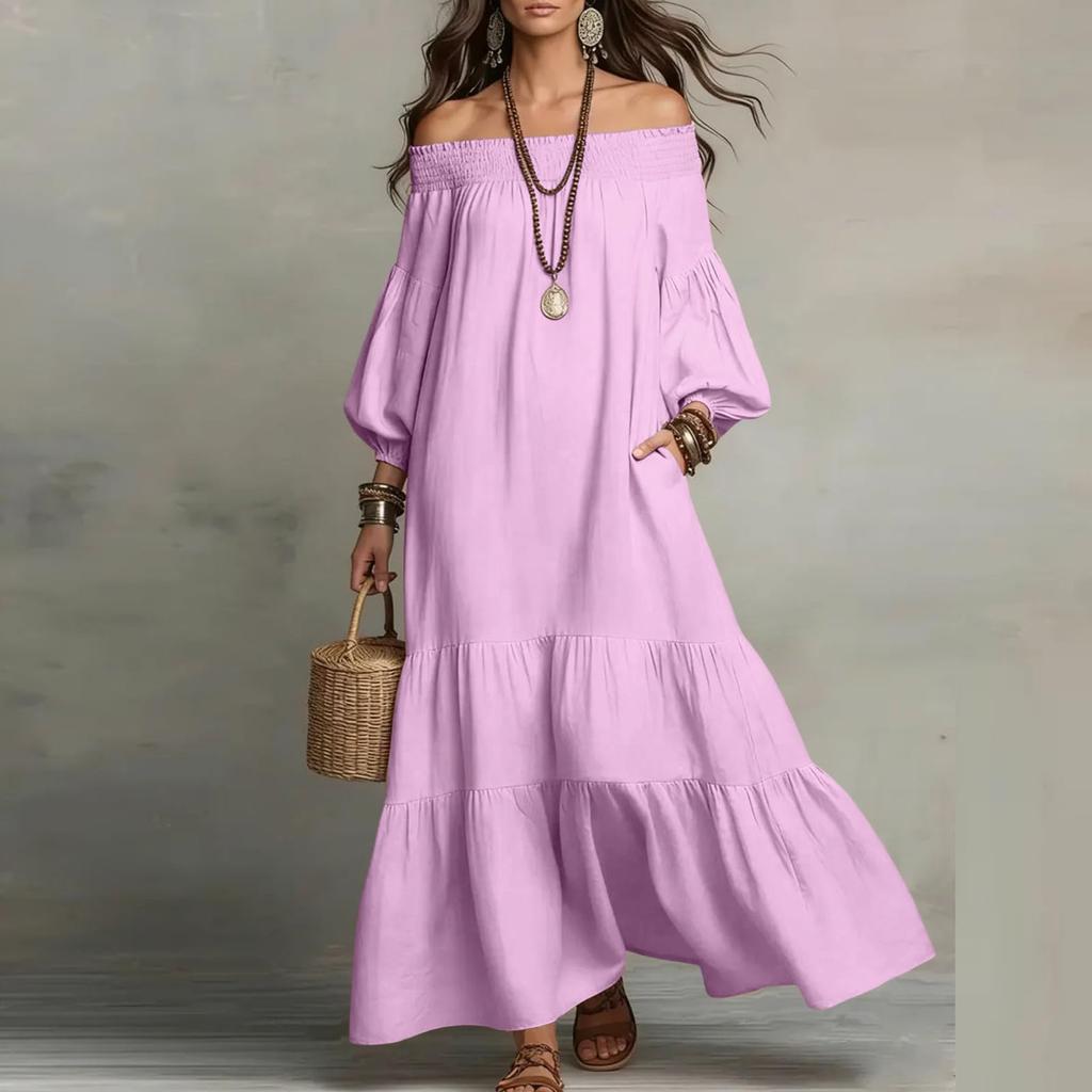 Womens Off Shoulder Maxi Dress Puff Sleeve Loose Fit Tiered Dresses Lightweight Boho Casual Dress
