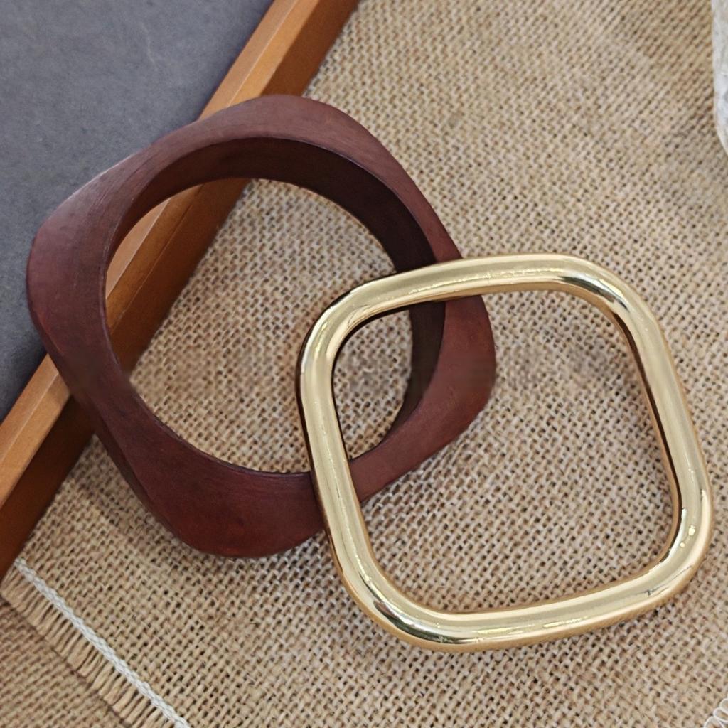 Vintage Punk Coffee Black Wood Bangles Fashion Hip Hop Round Metal Geometric Wide Bangles Women Men Bracelet Jewelry
