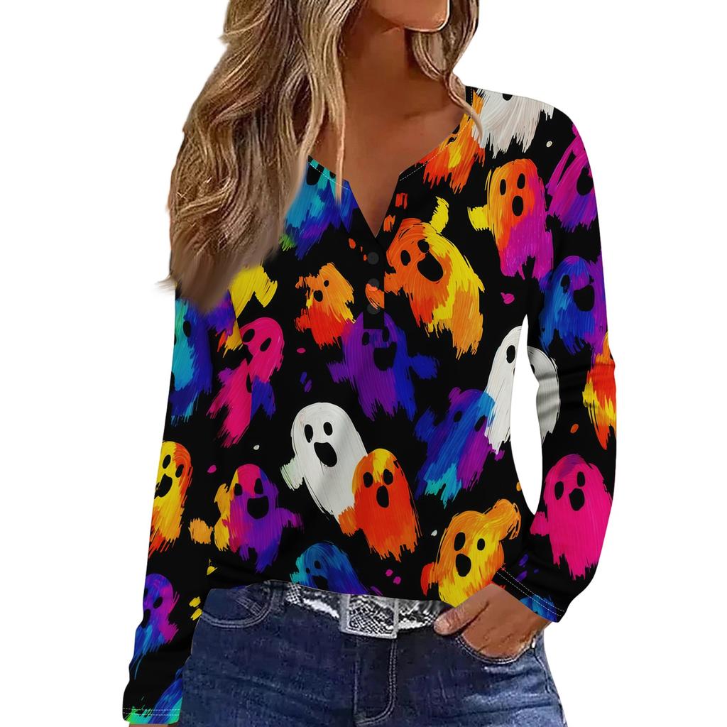 Women's Long Sleeve V-Neck T-Shirt with Button and Halloween Print Casual Top
