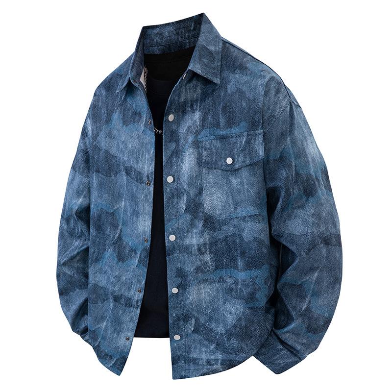 

Tooling Shirt Heavy American Jacket Men s Breathable Casual Versatile Jacket Spring and Autumn Retro Tie-Dyed Shirt 3XL джинсовий синього кольору