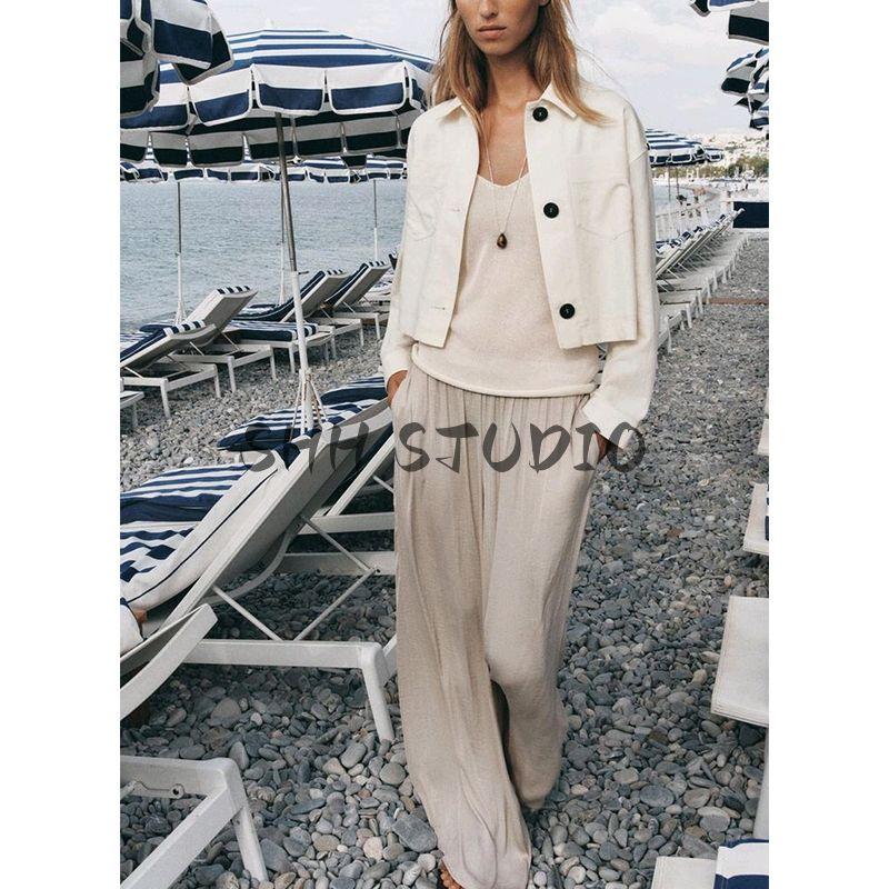 Summer New Product Women's Clothes Drop Shoulder Design Lapel Color Contrast Patchwork Sleeves Linen Blend Outwear 3906709