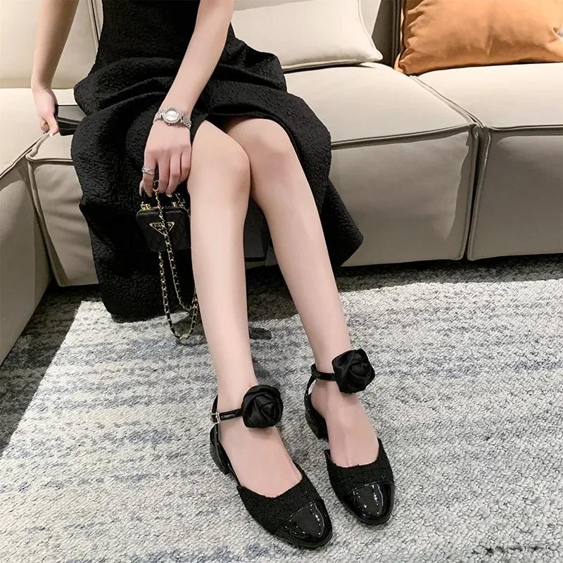 Fashion Elegant Rose Lady Dress Shoes Classic Black and White Color Block Women's Slingback Sandals Comfortable Low Heel Casual Sandals