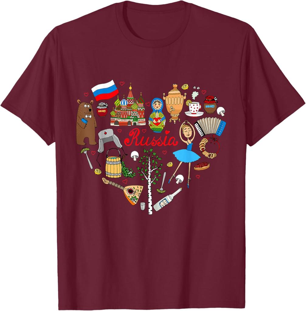 Russia Symbols Heart Collage Graphic Tee Breathable Casual Trip T-Shirt For Men