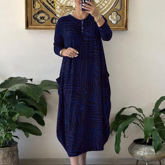 Women Maxi Dress Oversized Long Sleeve O Neck Color Matching Leopard Print Pockets Ankle Length Lady Fall Spring Dress