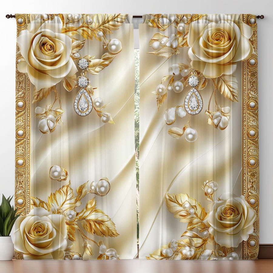 2PCS Digital Printed Curtains, European Diamond Golden Flower Pattern, Stylish Window Treatment for Living Room Bedroom Decor