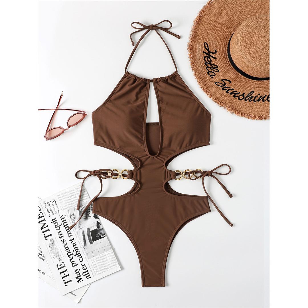 

Сексуальный цельный купальник с бретелькой на шее с вырезами из металлических колец, женский купальник, женский монокини с мягкой подкладкой, купальный костюм, купальный костюм для леди S кофейный