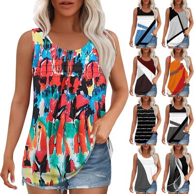 Tanktop für Damen, Sommer-Outfits, ärmellos, bedruckte Blusen, lässige, lockere Hemden, Rundhalsausschnitt, plissierte Vorderseite
