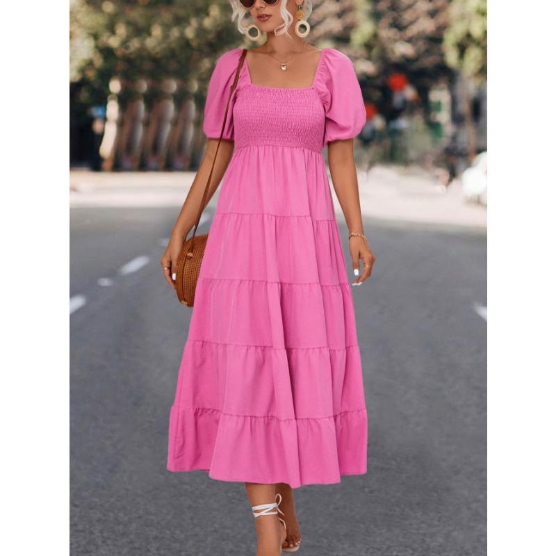 Short Sleeve Square Collar Summer Dress Women Fashion Pleated Elegant Ruffled Long Dresses Women Hight Waist Loose A-line Ladies Dress Clothes 809