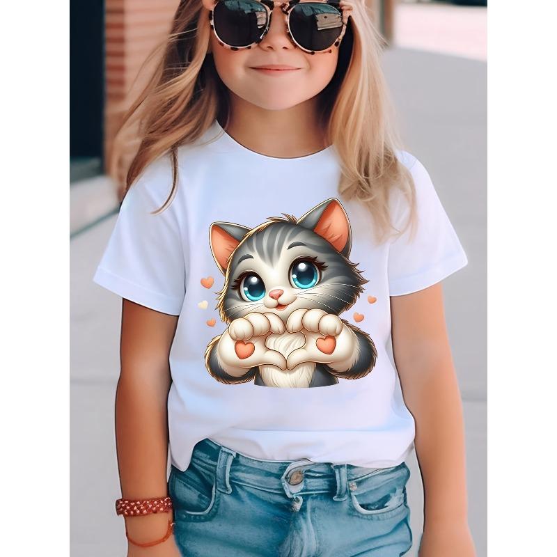 Tailles européennes Mode T-shirt à manches courtes pour filles avec impression dessin animé de chat Haut décontracté NYDX5928