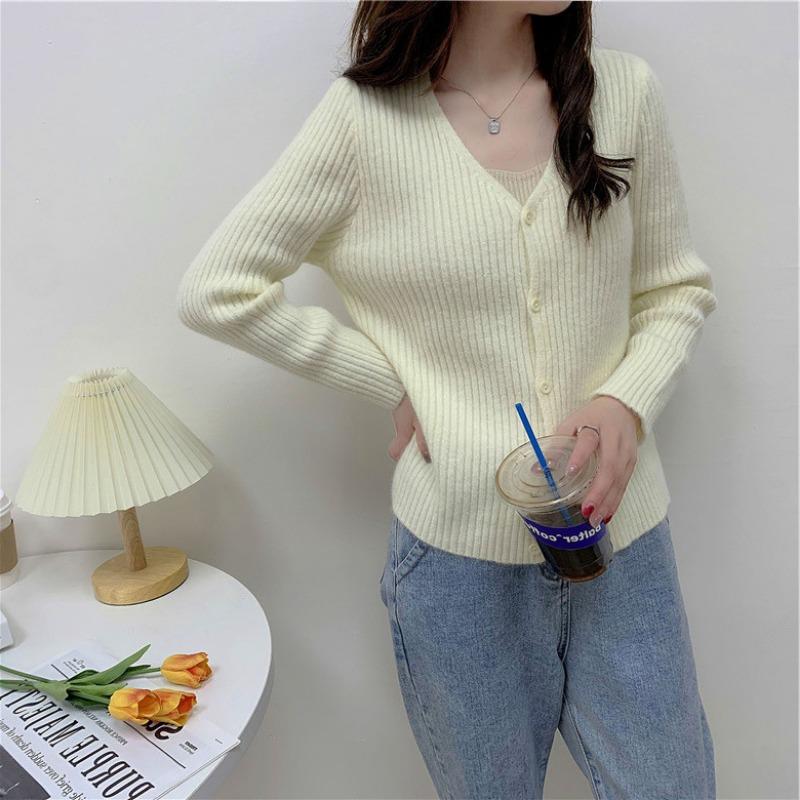 

Простой и универсальный вязаный кардиган топ женский осень и зима новый однотонный облегающий и тонкий свитер куртка модный one size fits all