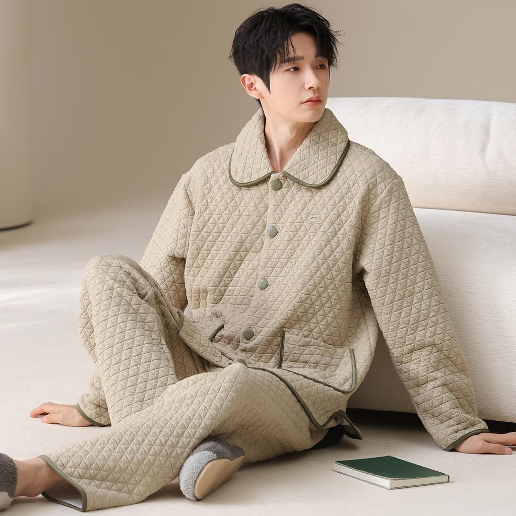 Air Cotton Mezzanine Pajamas Men'S Autumn And Winter Cotton Long-Sleeved Thickened Loungewear Suit