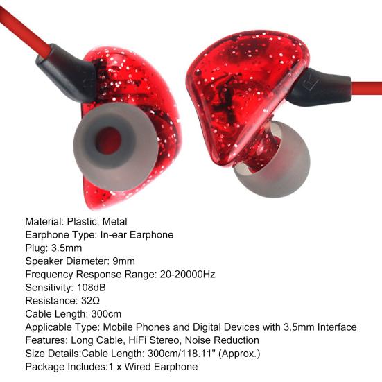 Wired Earphone In-ear HiFi Stereo Long Cable 3.5mm Plug Music Earbuds Monitoring Headphone for Live Broadcast