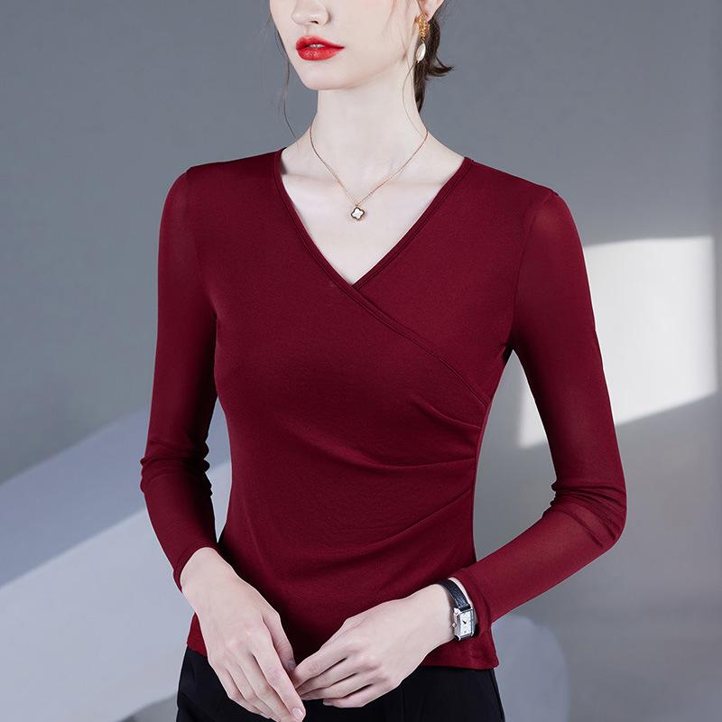 2025 Women's Fashion V-Neck Mesh Long-Sleeve Top - Waist-Cinching, Belly-Covering