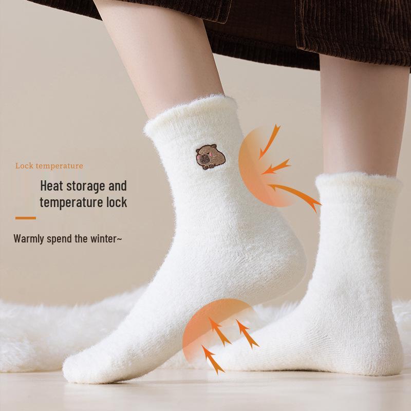 Women's Plush Embroidered Fleece-Lined Mid-Calf Socks - Cute Cartoon Design, Warm and Thick for Autumn and Winter.