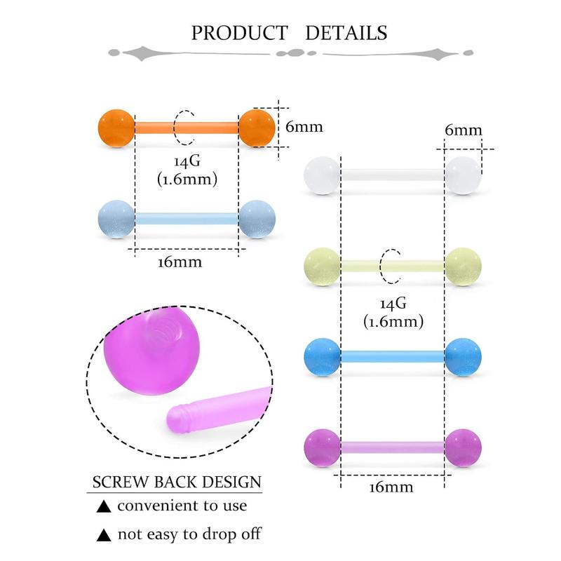12PCS/24PCS 14G 16mm Glow In Dark Flexible Acrylic Straight Tongue Rings Plastic Nipple Ring Retainer Body Piercing Jewelry