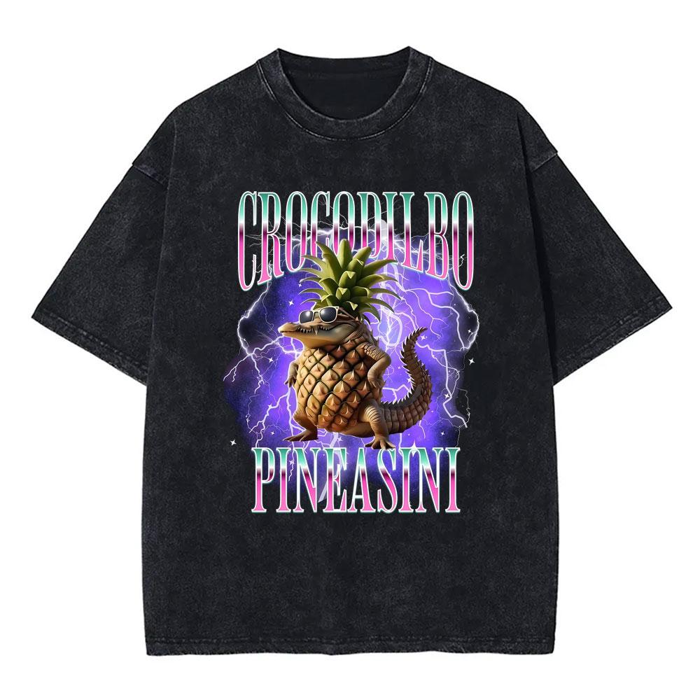 Italian Brainrot Bombardiro Crocodilo Vintage Washed Tshirts Crocodile Plane Bomber Funny Meme Tshirt Man Fashion Streetwear