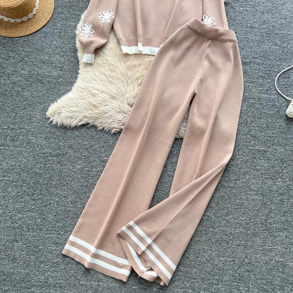 Autumn Winter Women Vintage Embroidery Flower Knitted Sweater Trouser Two Piece Set O-neck Pullover Tops and Pant Tracksuit