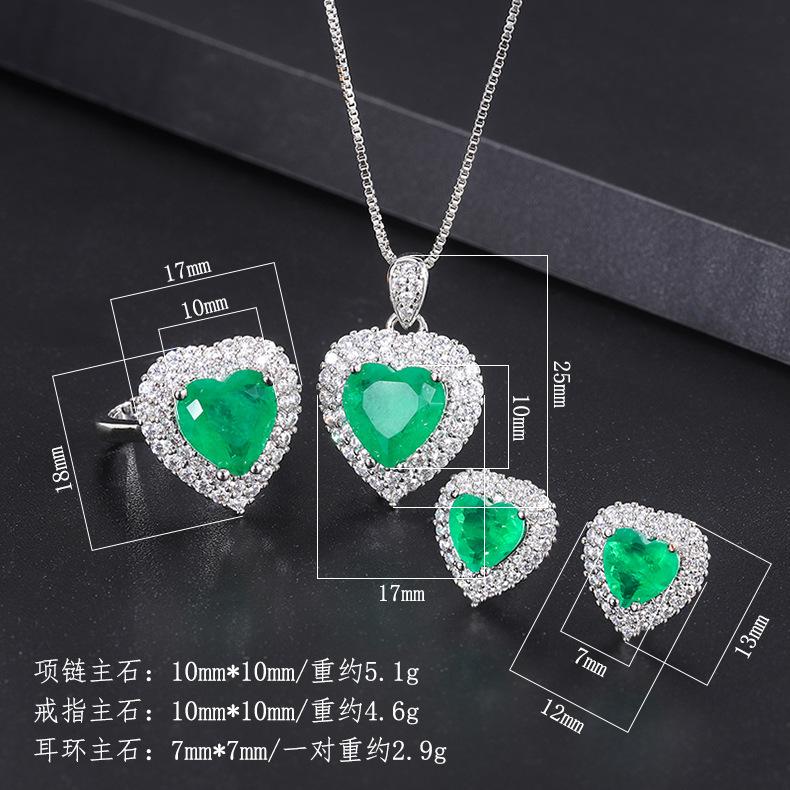 Simulated Paraiba Necklace Ring Earring Three Piece Set Colorful Treasure Inlaid Emerald Green Heart Earrings Pendant Bracelet