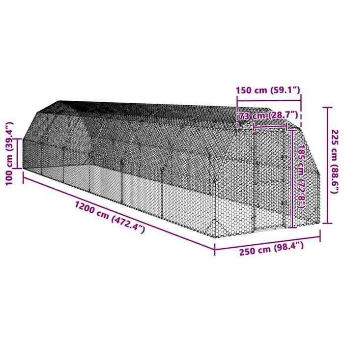 VidaXL Chicken Coop 2.5x12x2.25 M Galvanized Steel, Walk-in Chicken Coop, Accessible Chicken Run, Chicken Cage 3328520