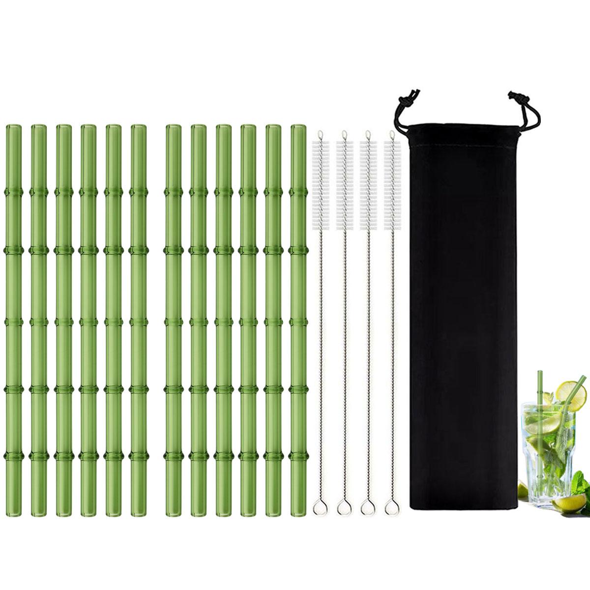 12-piece Bamboo-Joint-Shaped Glass Straws Set with 4 Clean Brush and 1 Carrying Bag Reusable Glass Drinking Straws for Smoothies Cocktails 12-piece straight straws set зелёный